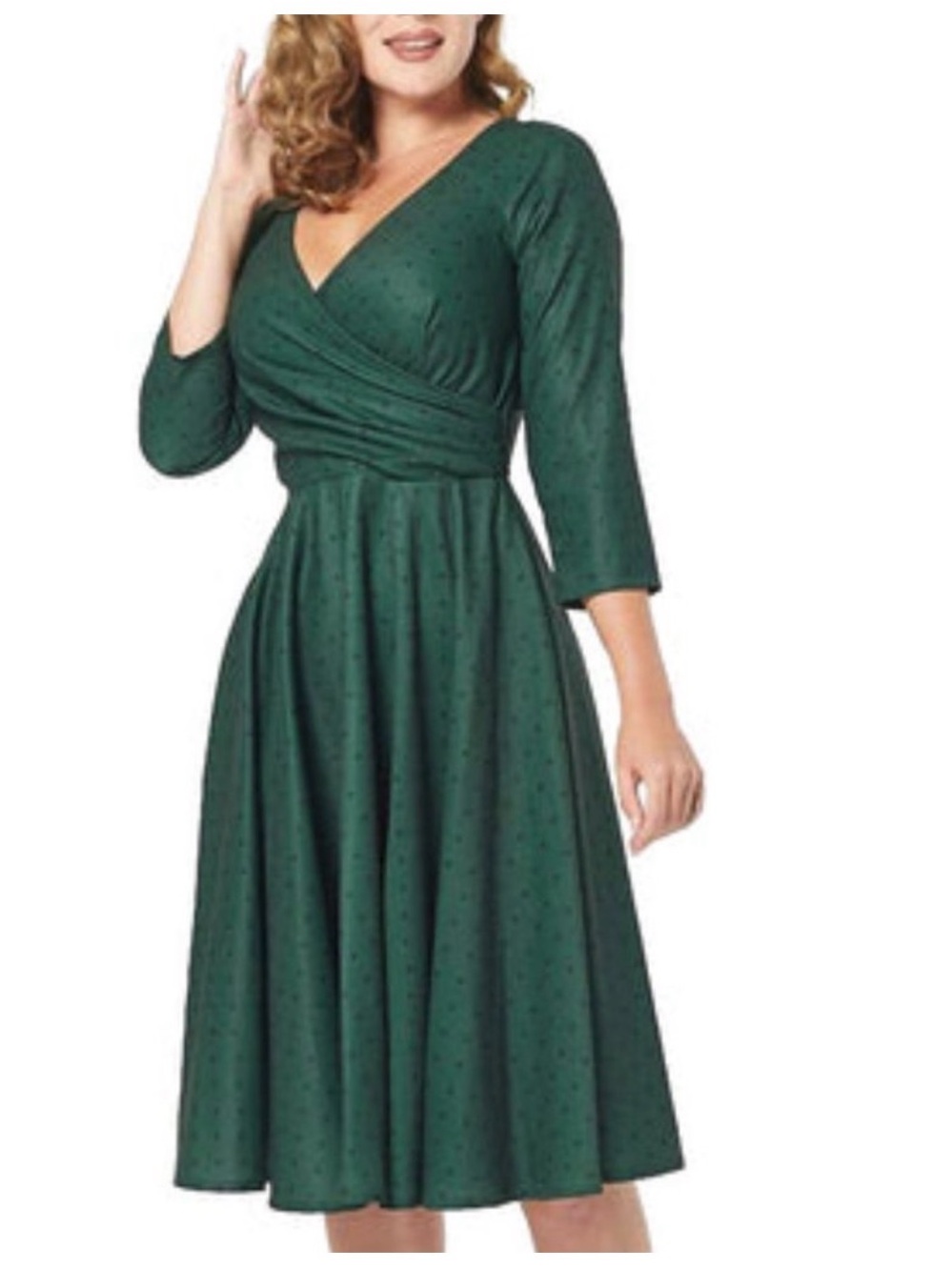 Green Wrap Midi Dress with 3/4 Sleeves